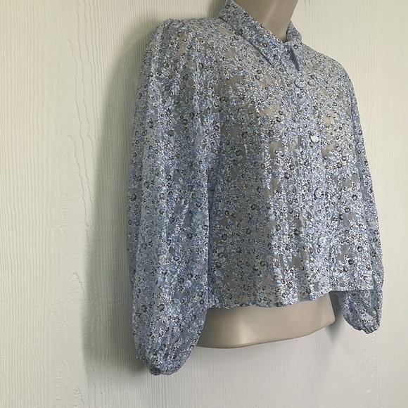 Zara - Blue And White Floral Mesh Button Down Crop Long Sleeve Blouse Size XS - Picture 3 of 8